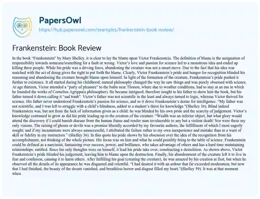 Essay on Frankenstein: Book Review