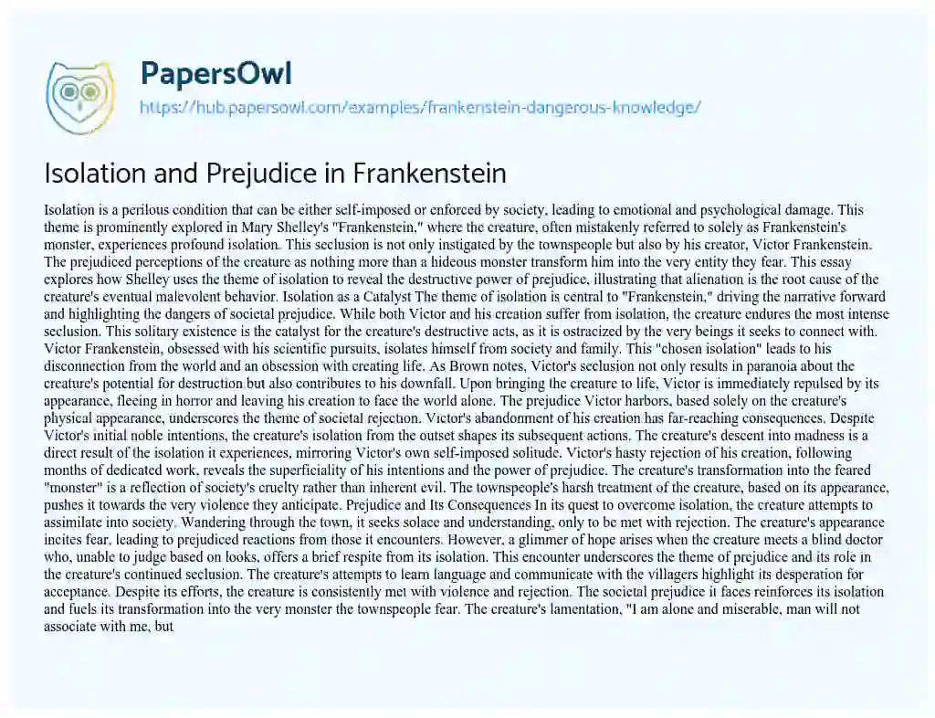 Essay on Isolation and Prejudice in Frankenstein