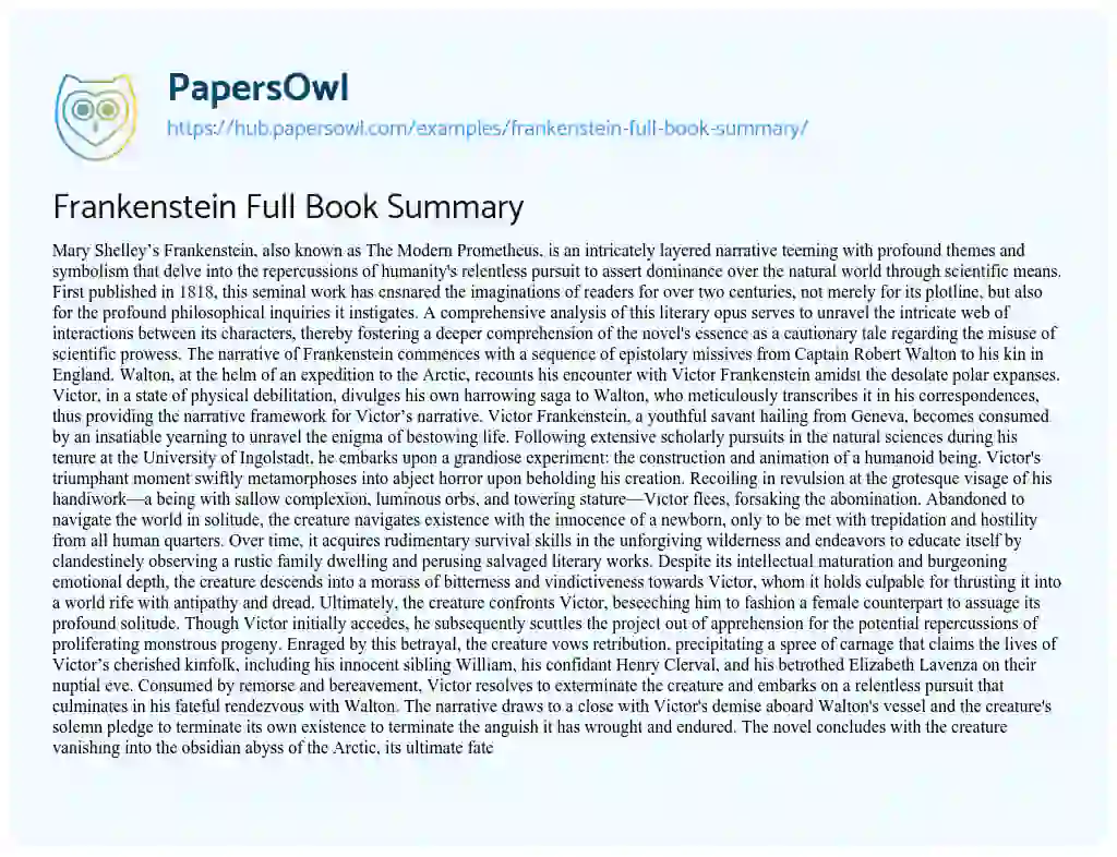 Essay on Frankenstein Full Book Summary