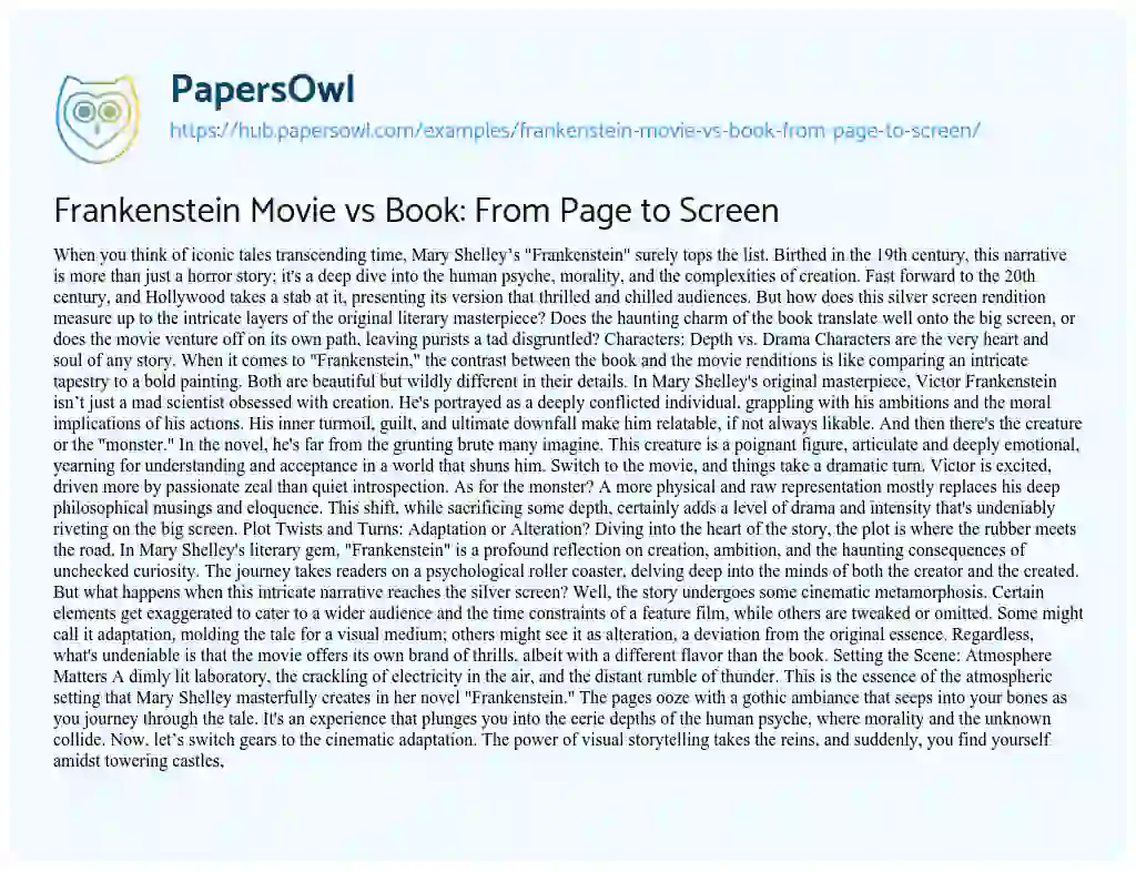 Essay on Frankenstein Movie vs Book: From Page to Screen