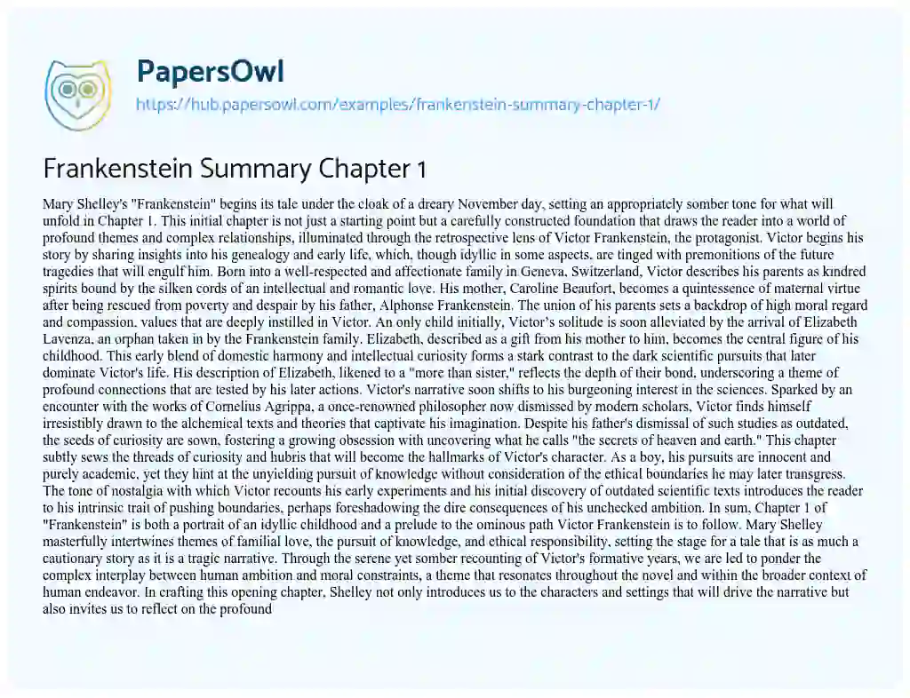 Essay on Frankenstein Summary Chapter 1