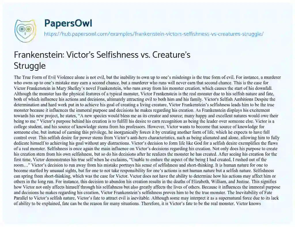 Essay on Frankenstein: Victor’s Selfishness vs. Creature’s Struggle