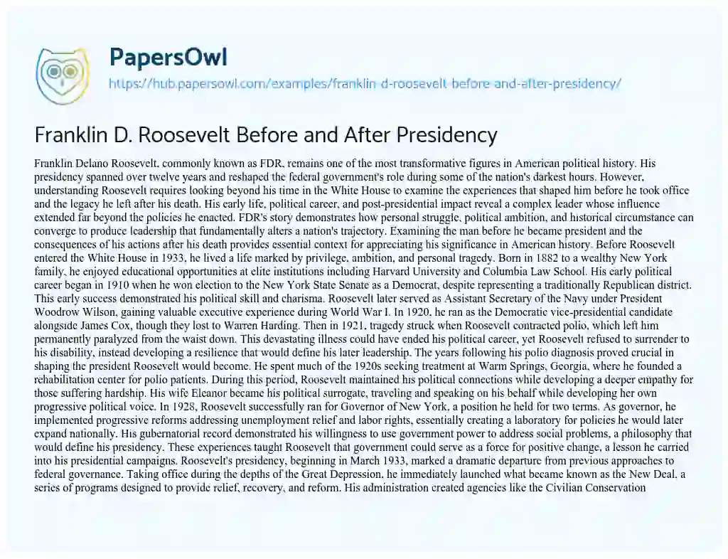 Essay on Franklin D. Roosevelt Before and After Presidency
