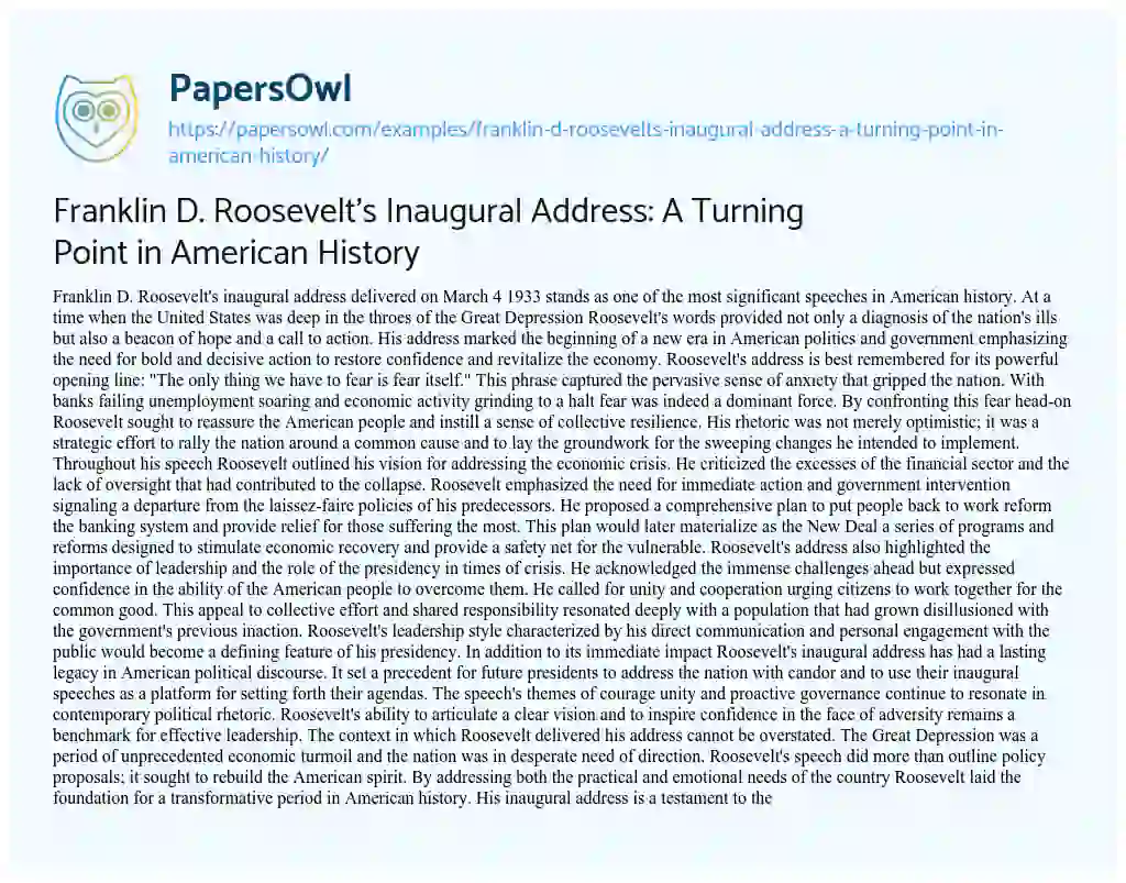 Essay on Franklin D. Roosevelt’s Inaugural Address: A Turning Point in American History