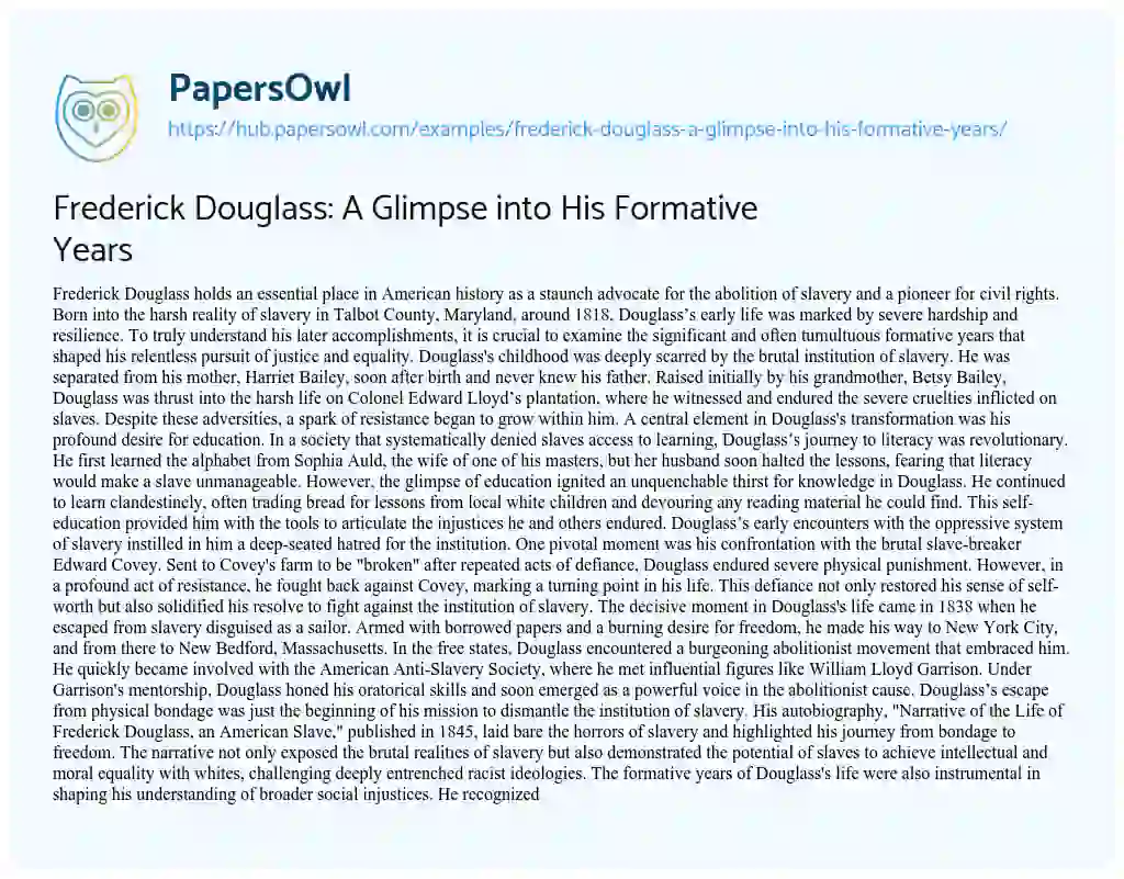 Essay on Frederick Douglass: A Glimpse into His Formative Years