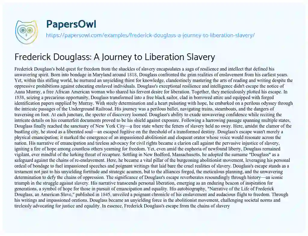Essay on Frederick Douglass: A Journey to Liberation Slavery