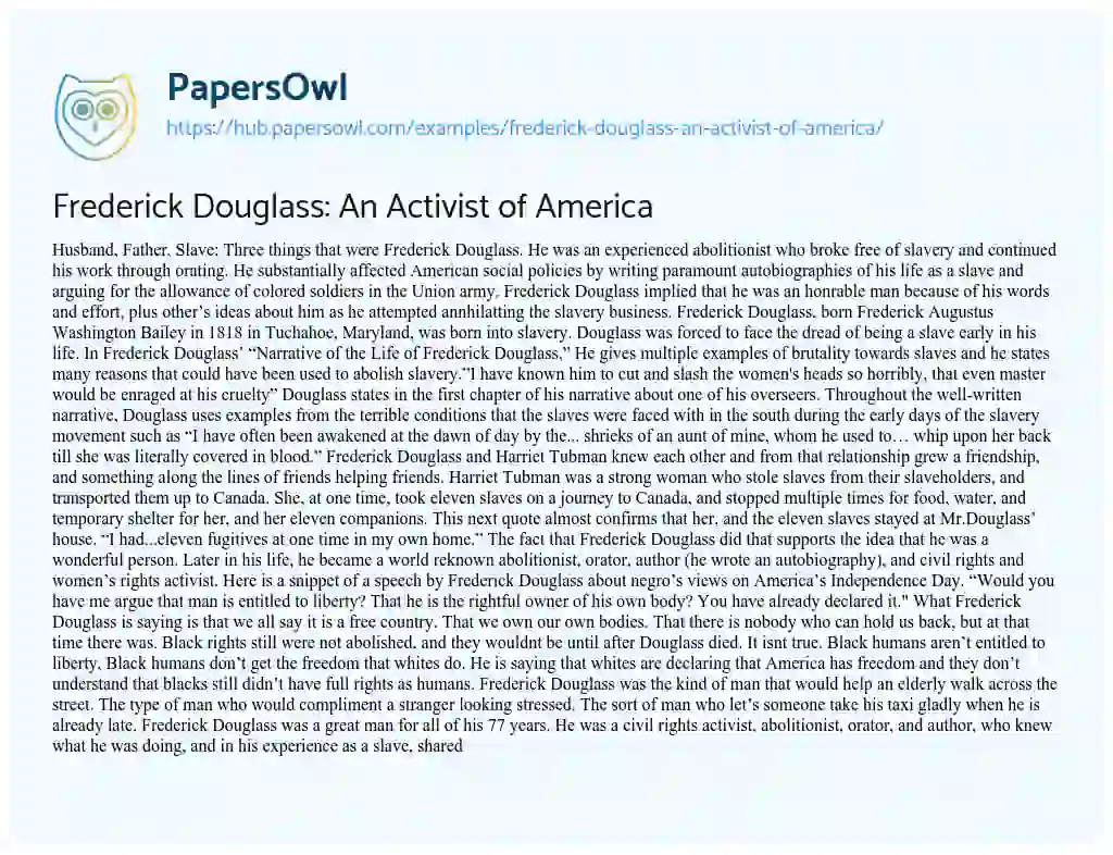 Essay on Frederick Douglass: An Activist of America