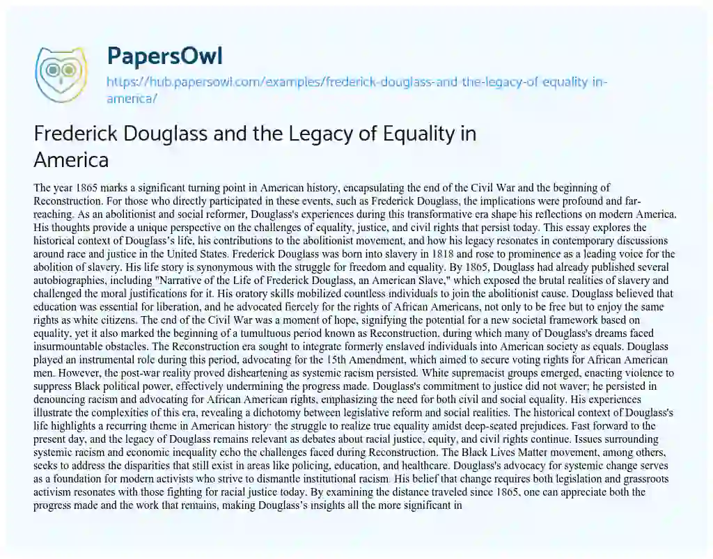 Essay on Frederick Douglass and the Legacy of Equality in America