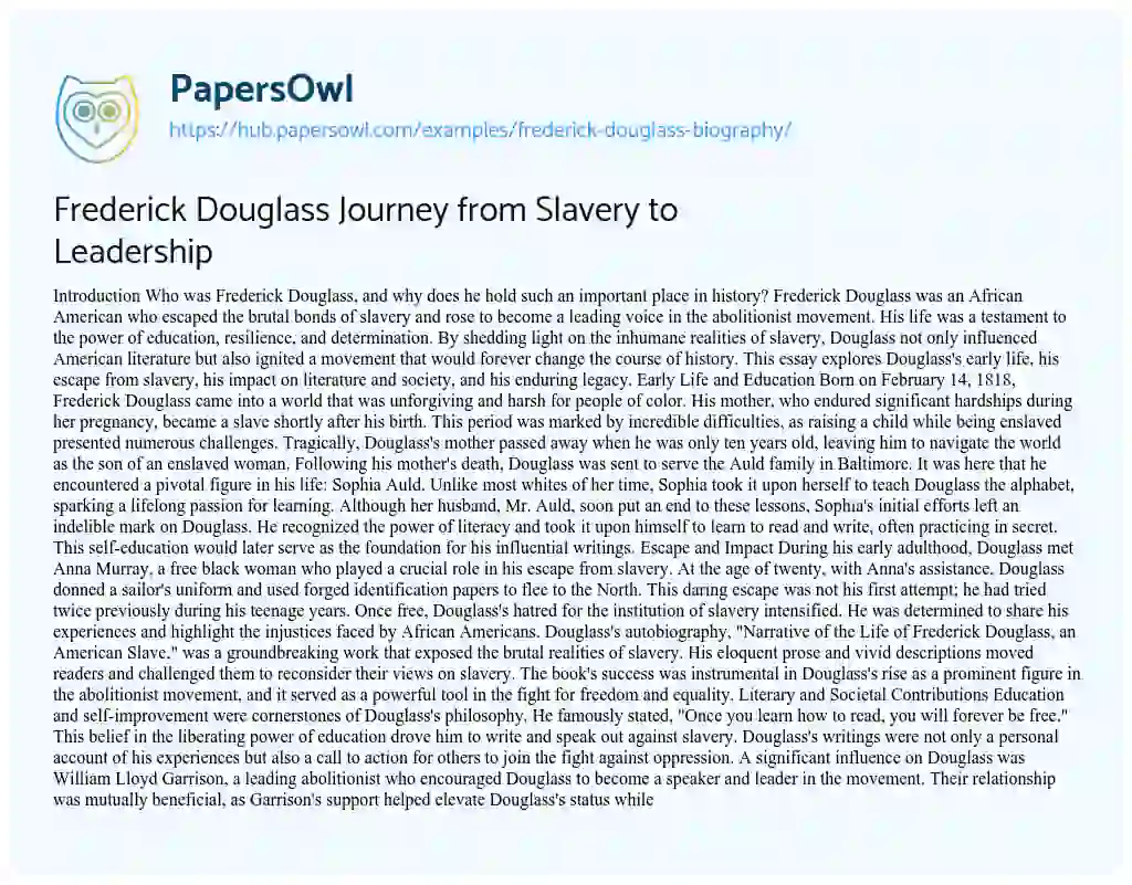 Essay on Frederick Douglass Journey from Slavery to Leadership