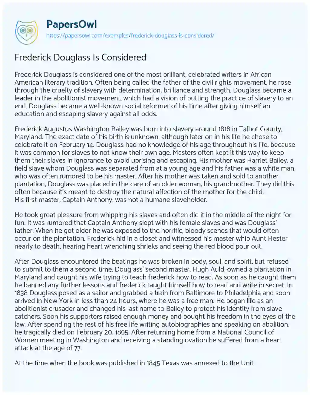 Essay on Frederick Douglass Is Considered