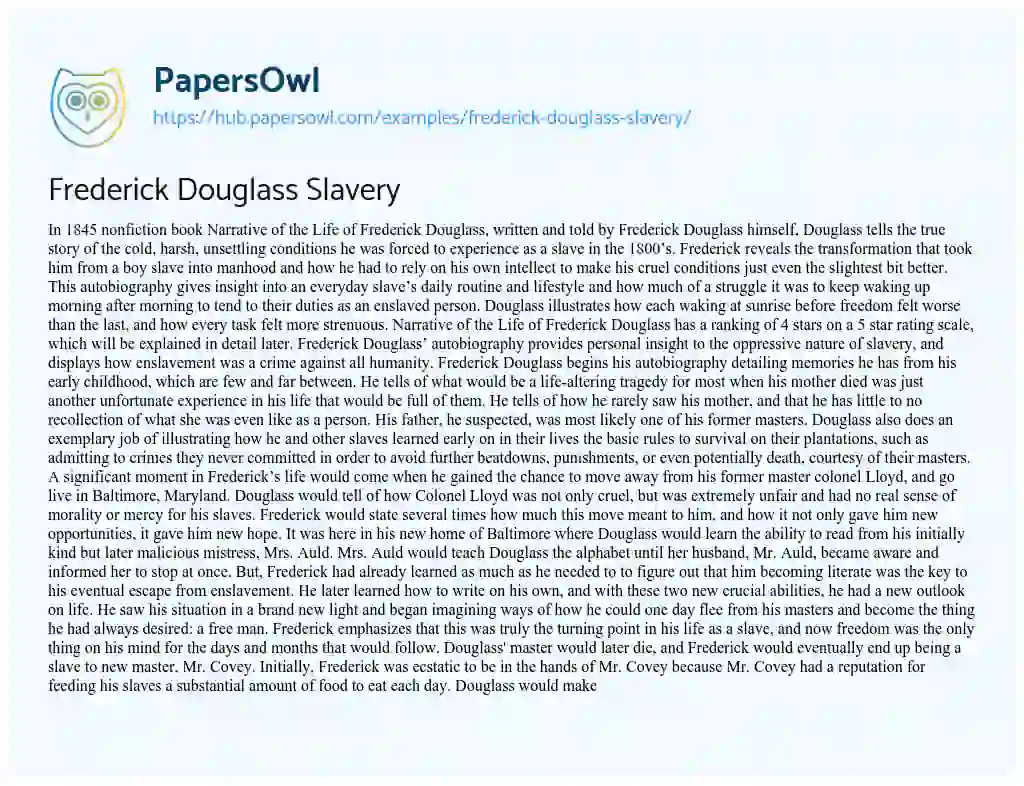 Essay on Frederick Douglass Slavery