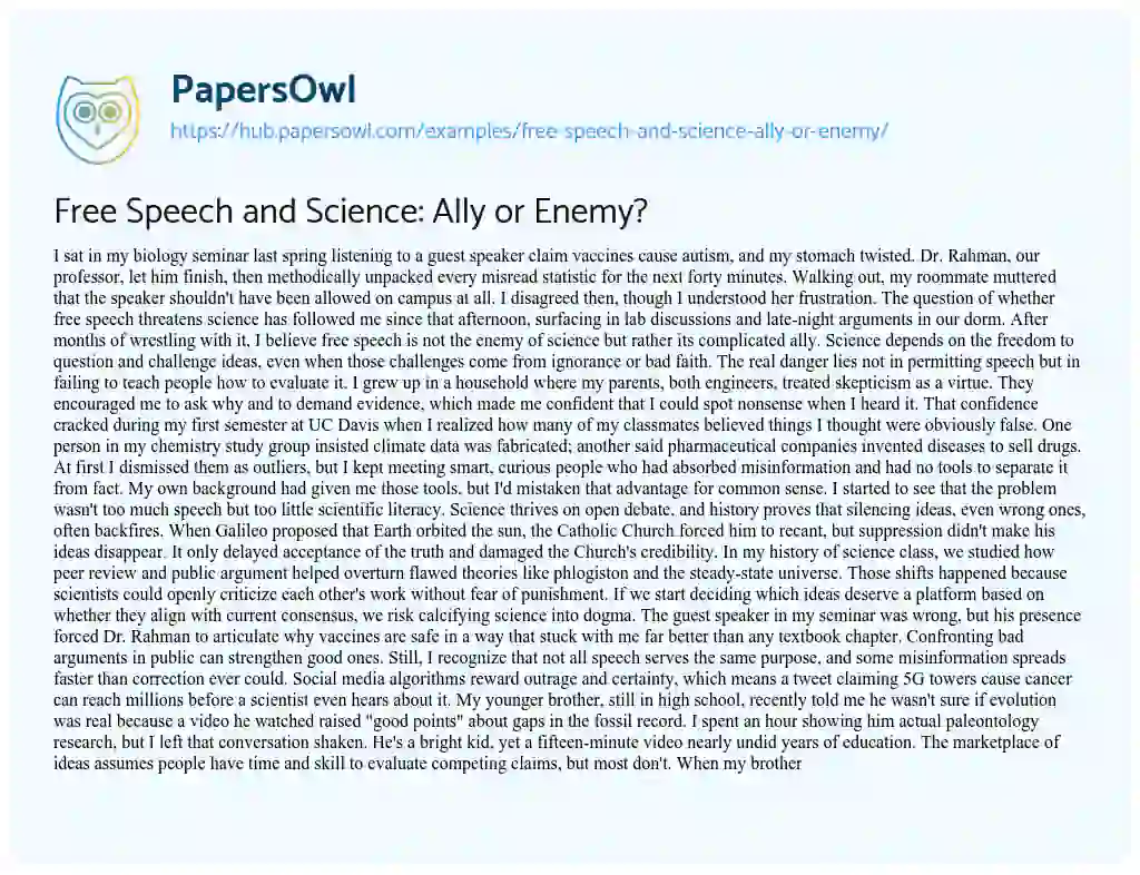 Essay on Free Speech and Science: Ally or Enemy?