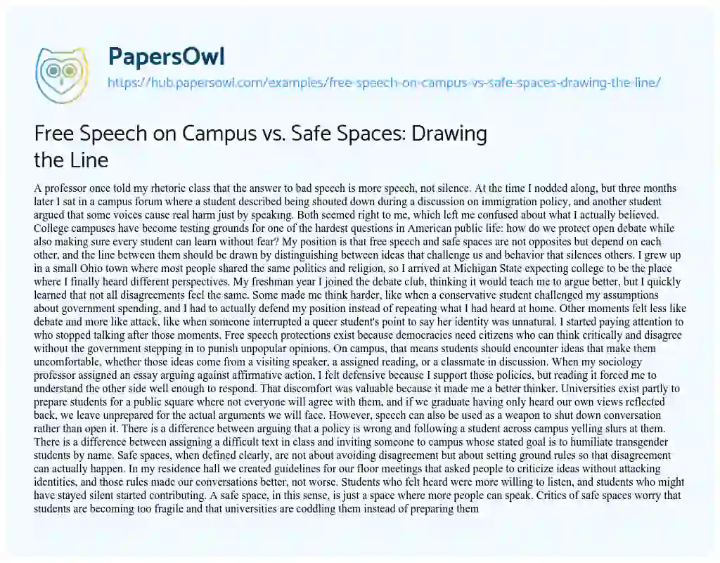 Essay on Free Speech on Campus vs. Safe Spaces: Drawing the Line