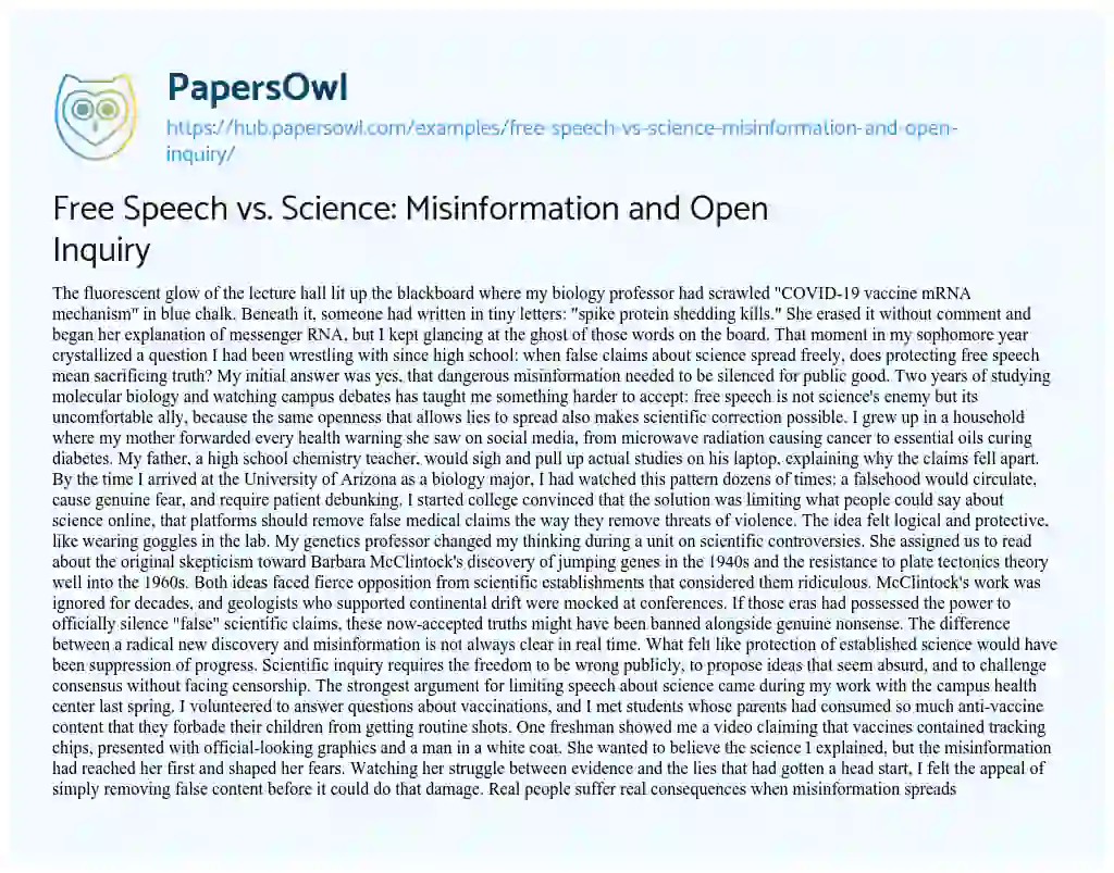 Essay on Free Speech vs. Science: Misinformation and Open Inquiry