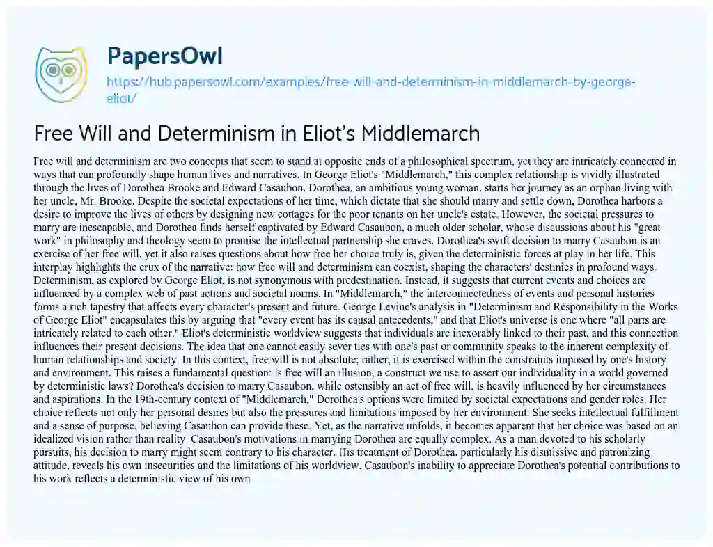 Essay on Free Will and Determinism in Eliot’s Middlemarch