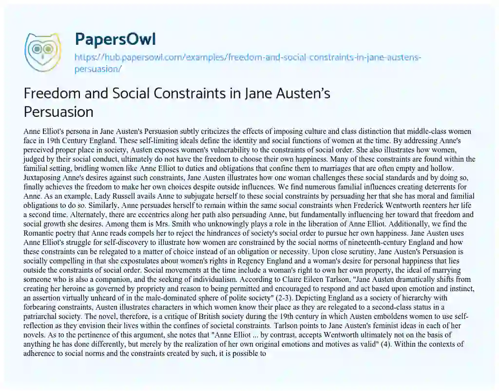 Essay on Freedom and Social Constraints in Jane Austen’s Persuasion