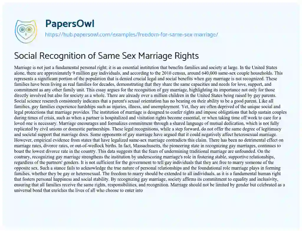 Essay on Social Recognition of Same Sex Marriage Rights