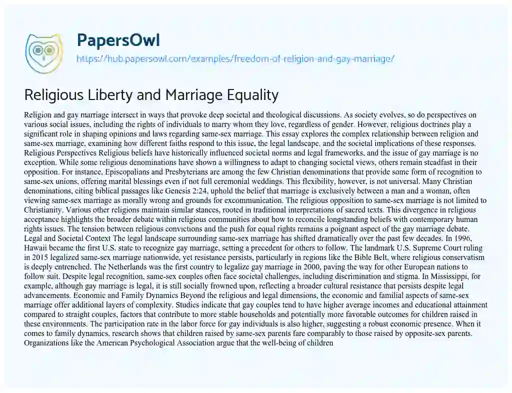 Essay on Religious Liberty and Marriage Equality