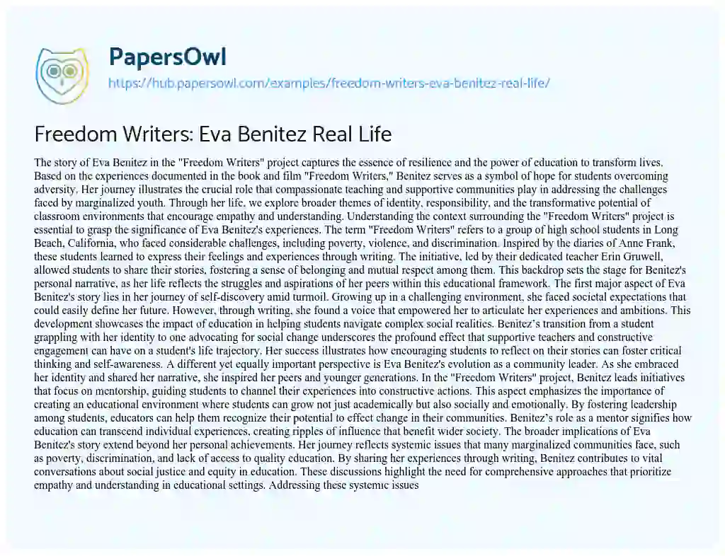 Essay on Freedom Writers: Eva Benitez Real Life