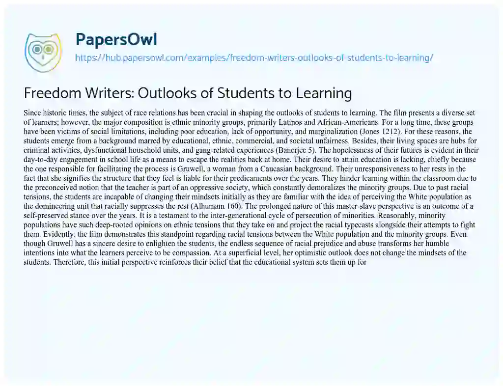 Essay on Freedom Writers: Outlooks of Students to Learning