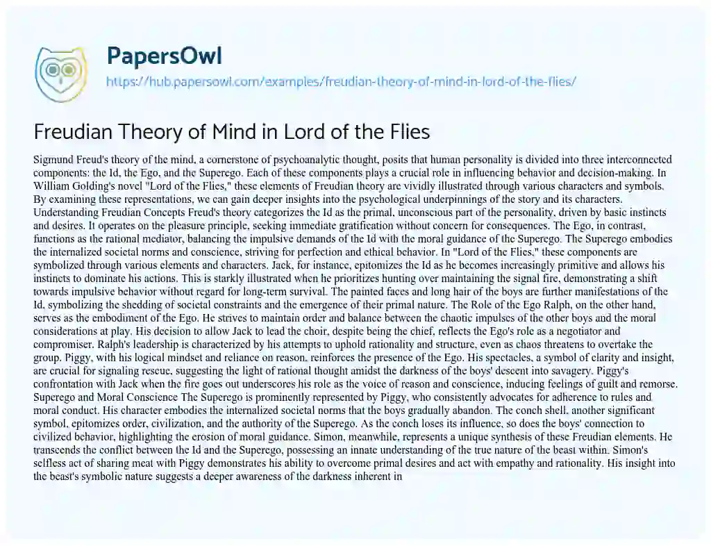 Essay on Freudian Theory of Mind in Lord of the Flies