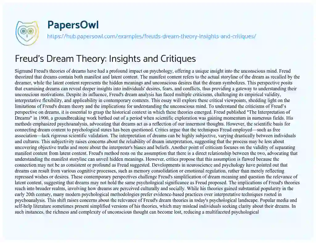 Essay on Freud’s Dream Theory: Insights and Critiques