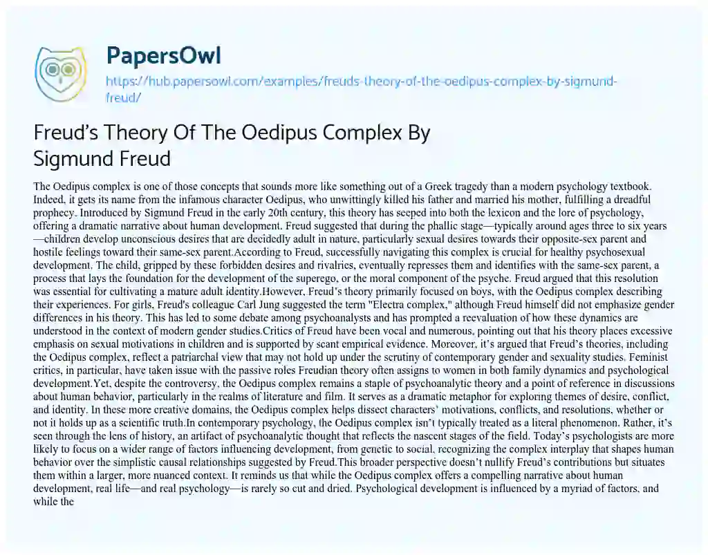 Essay on Freud’s Theory Of The Oedipus Complex By Sigmund Freud