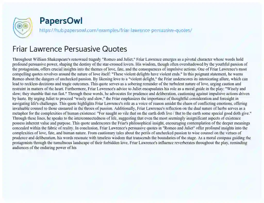Essay on Friar Lawrence Persuasive Quotes