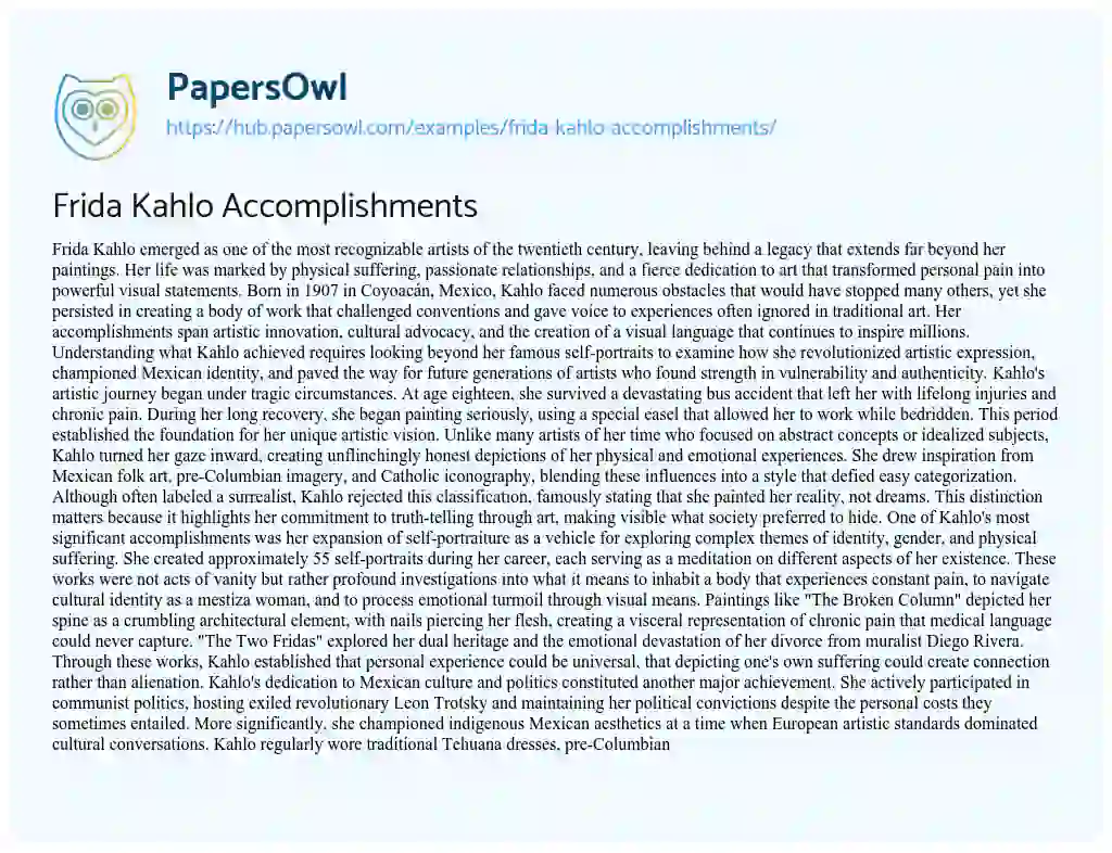 Essay on Frida Kahlo Accomplishments