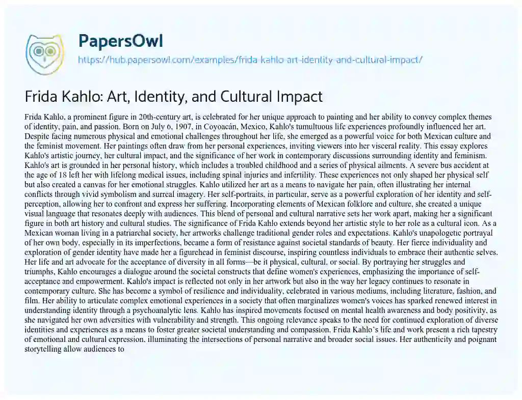 Essay on Frida Kahlo: Art, Identity, and Cultural Impact