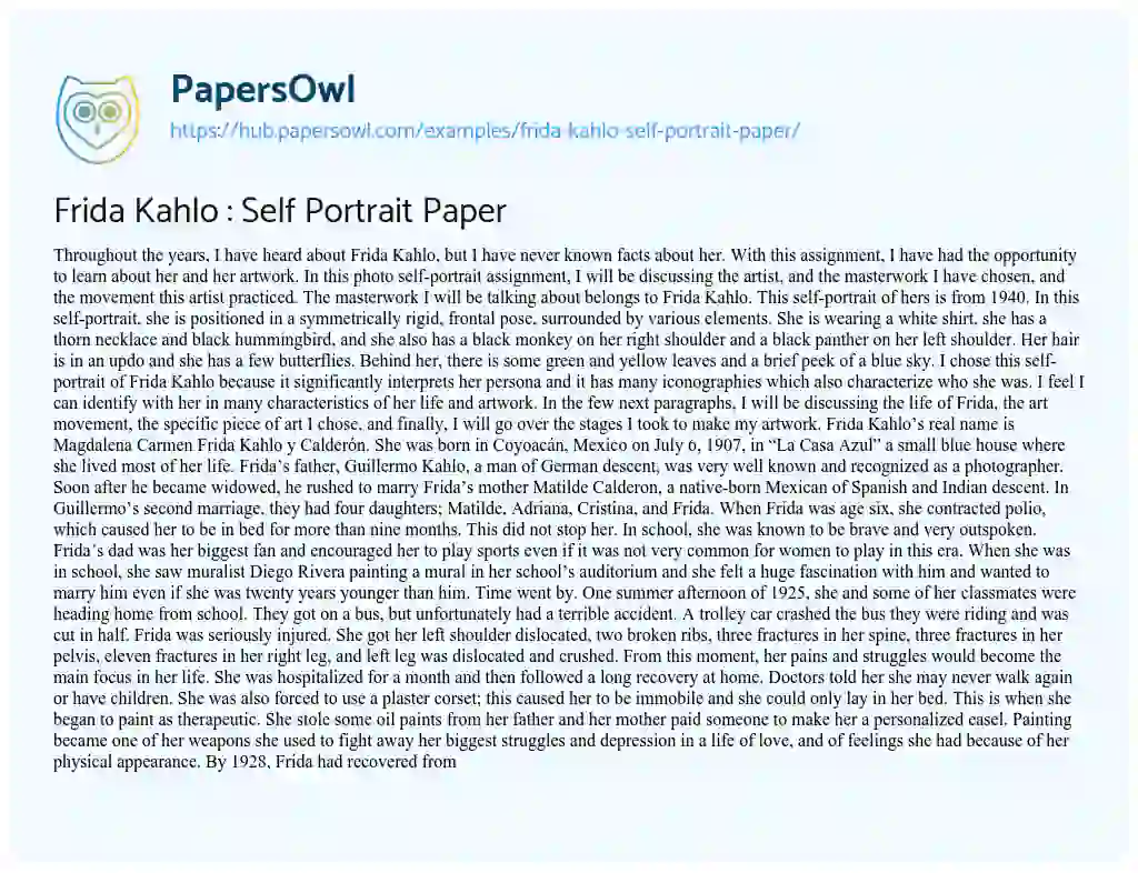 Essay on Frida Kahlo : Self Portrait Paper