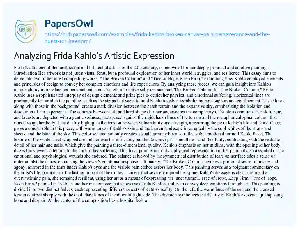 Essay on Analyzing Frida Kahlo’s Artistic Expression