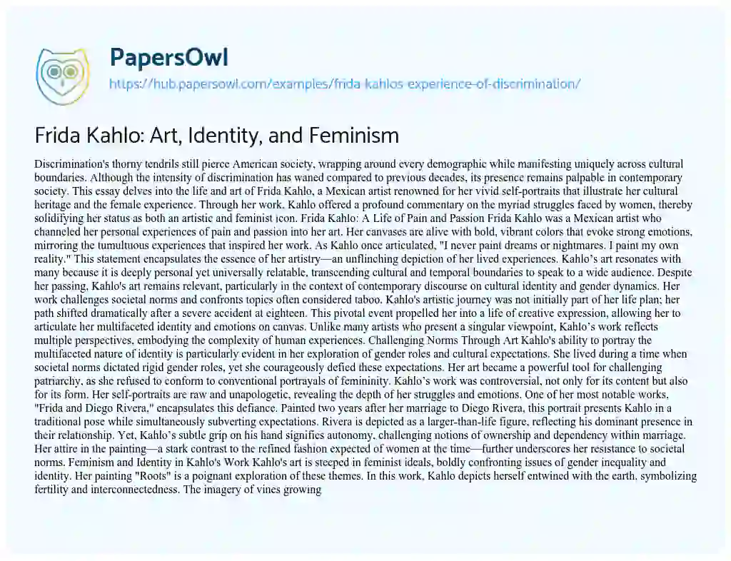 Essay on Frida Kahlo: Art, Identity, and Feminism