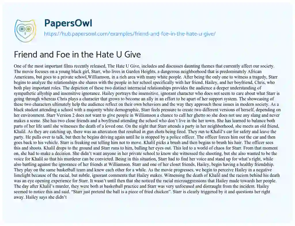 Essay on Friend and Foe in the Hate U Give
