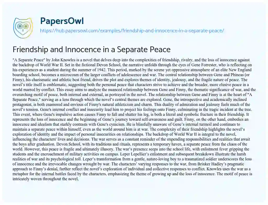 Essay on Friendship and Innocence in a Separate Peace