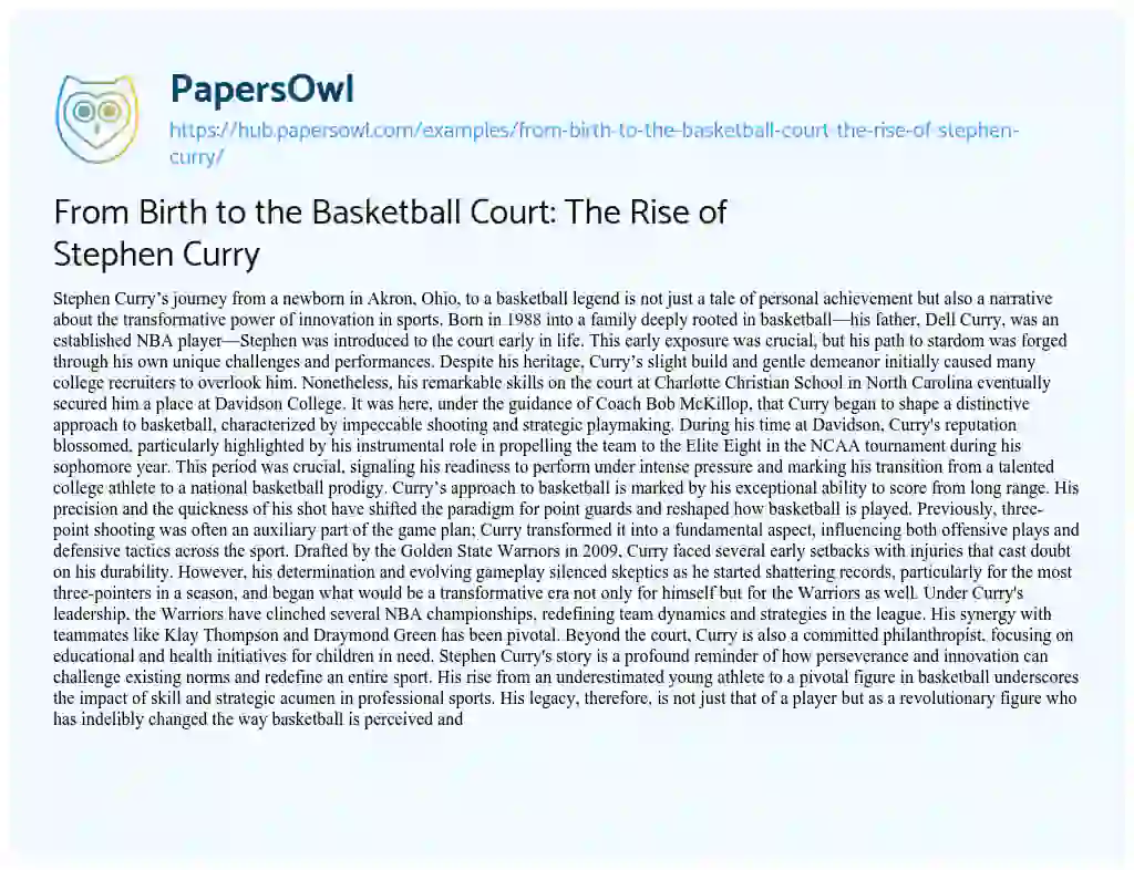 Essay on From Birth to the Basketball Court: The Rise of Stephen Curry