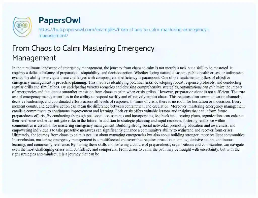 Essay on From Chaos to Calm: Mastering Emergency Management