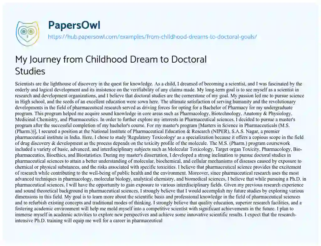 Essay on My Journey from Childhood Dream to Doctoral Studies