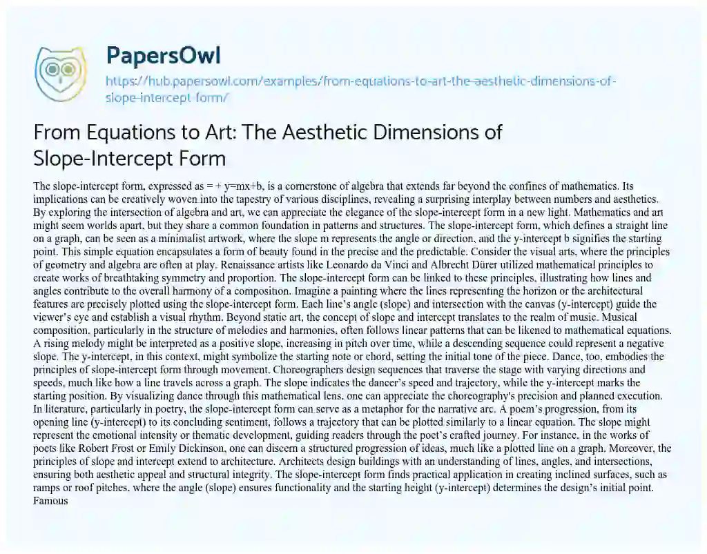 Essay on From Equations to Art: The Aesthetic Dimensions of Slope-Intercept Form
