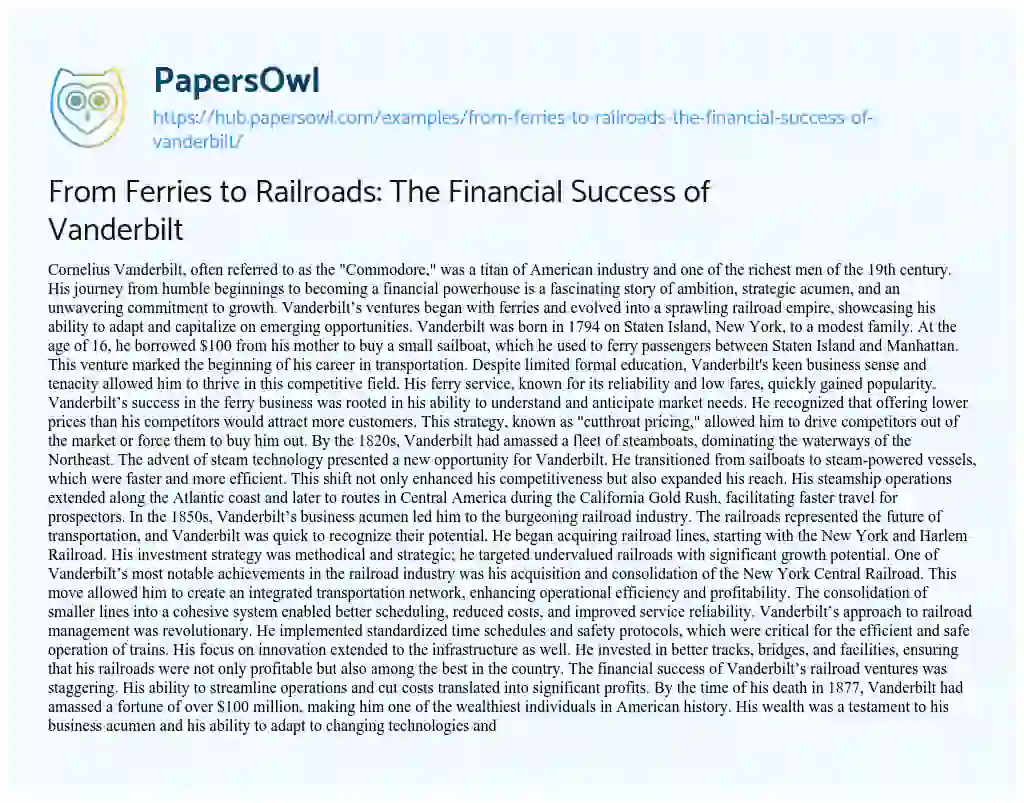 Essay on From Ferries to Railroads: The Financial Success of Vanderbilt