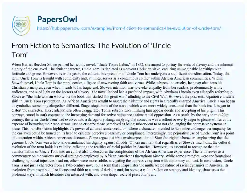 Essay on From Fiction to Semantics: The Evolution of ‘Uncle Tom’