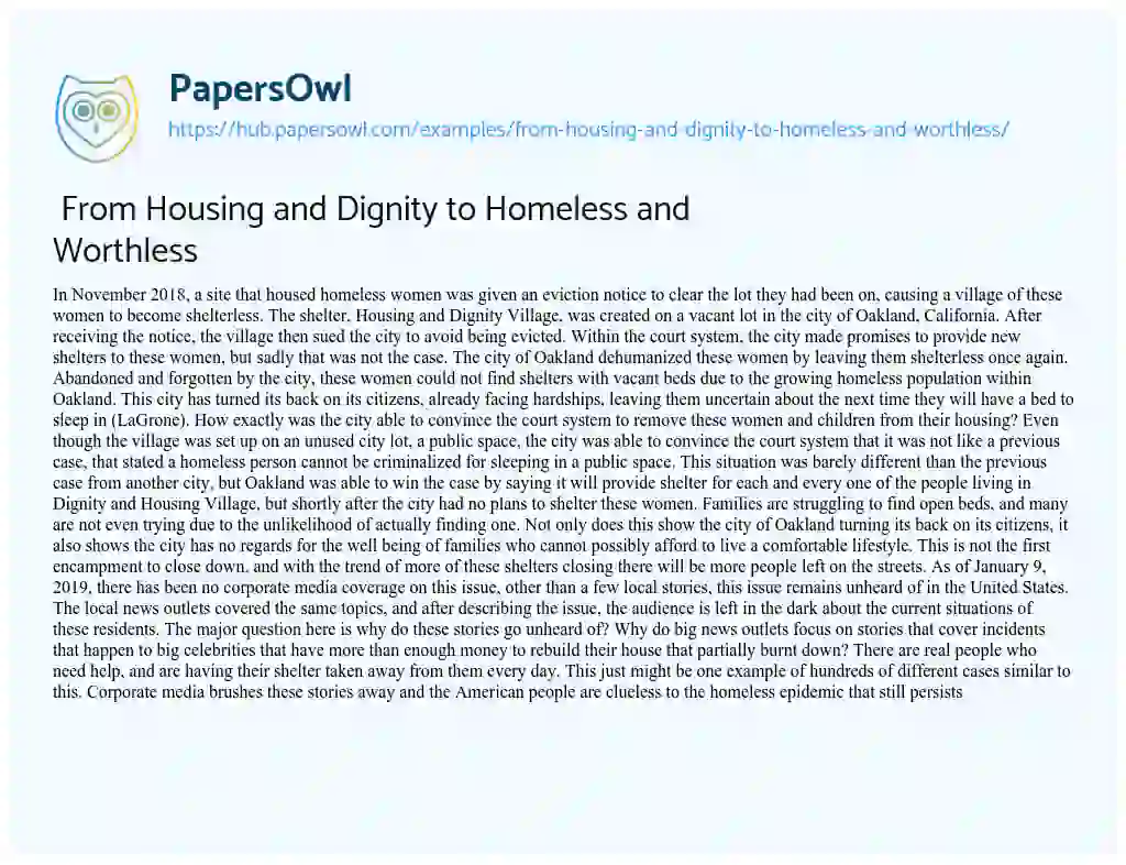 Essay on  From Housing and Dignity to Homeless and Worthless