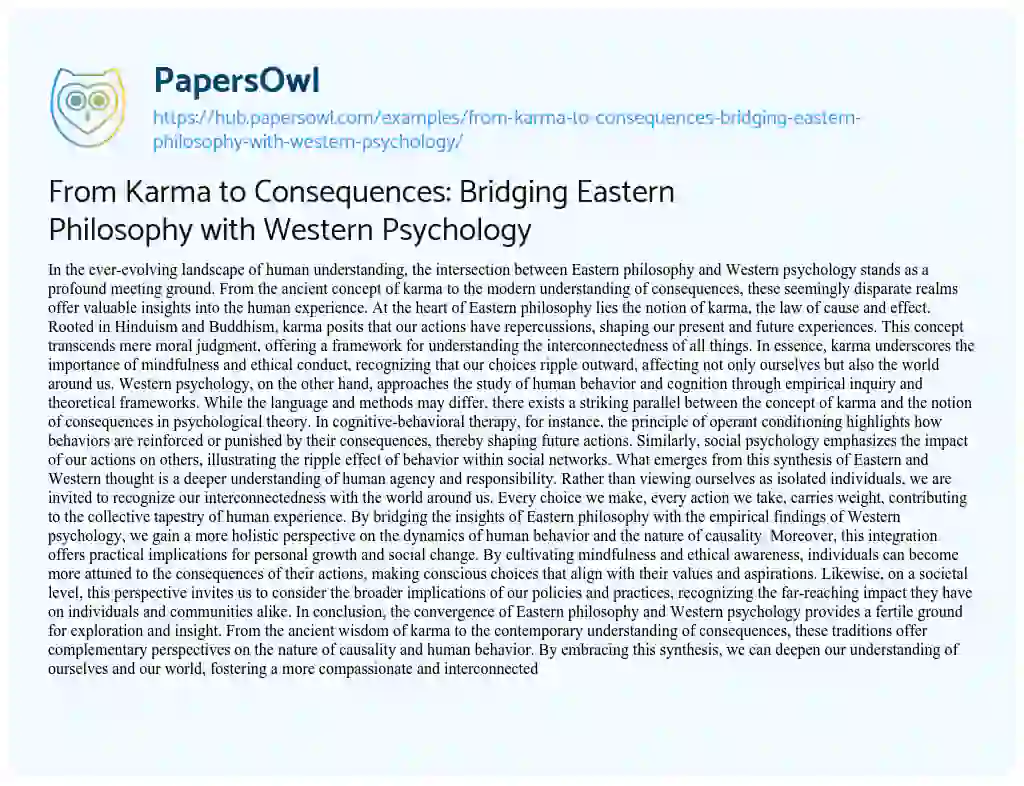 Essay on From Karma to Consequences: Bridging Eastern Philosophy with Western Psychology