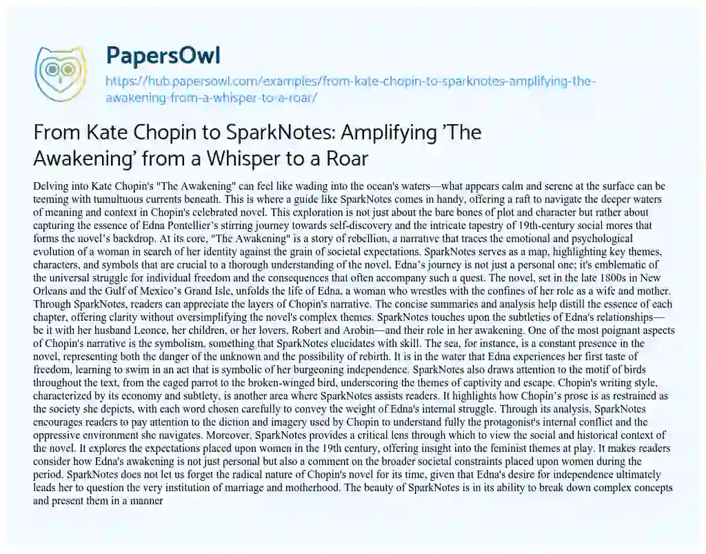 Essay on From Kate Chopin to SparkNotes: Amplifying ‘The Awakening’ from a Whisper to a Roar