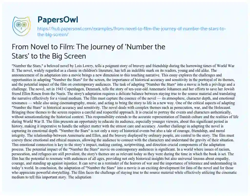 Essay on From Novel to Film: The Journey of ‘Number the Stars’ to the Big Screen