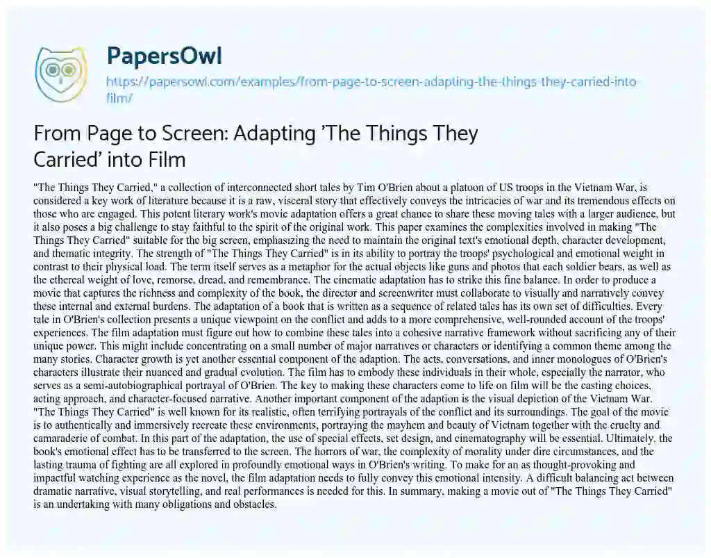 Essay on From Page to Screen: Adapting ‘The Things They Carried’ into Film