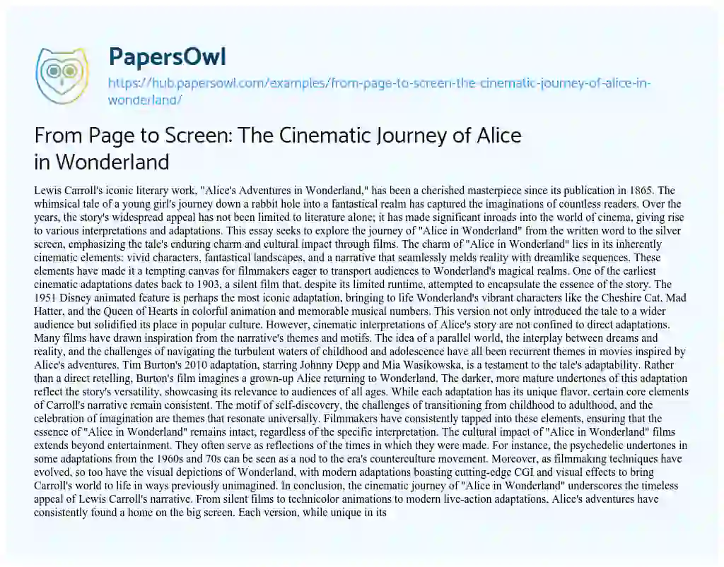 Essay on From Page to Screen: The Cinematic Journey of Alice in Wonderland