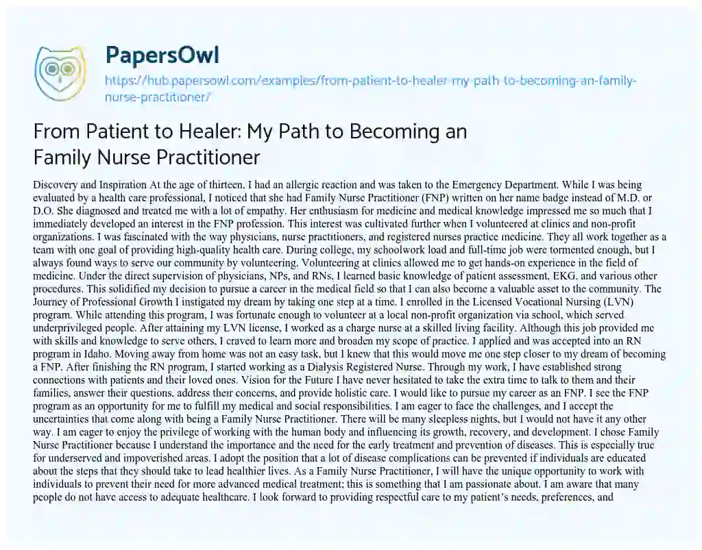 Essay on From Patient to Healer: My Path to Becoming an Family Nurse Practitioner