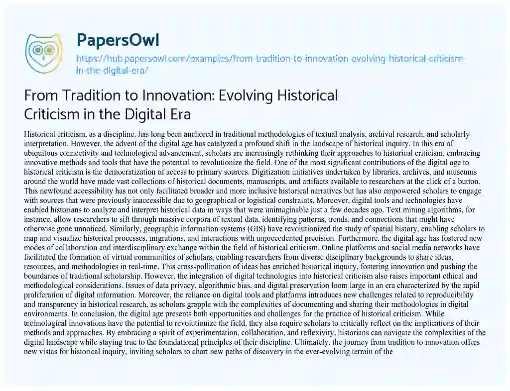 Essay on From Tradition to Innovation: Evolving Historical Criticism in the Digital Era