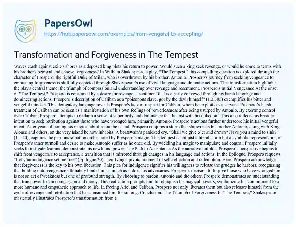 Essay on Transformation and Forgiveness in The Tempest
